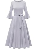 Women's Cocktail Dresses Elegant Bell Sleeve Dress for Women Wedding Guest Church Dress for Women 2025 Elegant Formal Dresses Silver Grey L