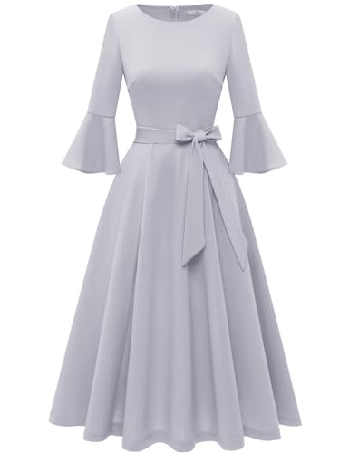 Image of HomRain Women's Church Dresses Modest Bell Sleeve Wedding Guest Cocktail Tea Party Vintage Evening Dress