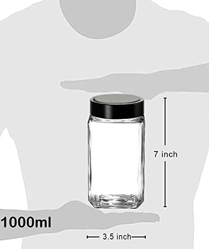 Vency Glass Cubical Square 1000ml Transparent Glass Jars & Containers for Kitchen Pantry, Snacks, Masala, Pickles, Cookies, Dry Fruits, Coffee Storage with Black Plastic Lid (1000ml, Set Of 6)