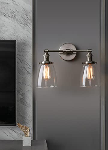Phansthy Vintage 2 Light Wall Lamp With Switch, Double Light Wall Lighting With 5.6" Bell Shaped Glass Canopy, Retro Industrial Farmhouse Dual Light Wall Sconce (Brushed) #TOP4