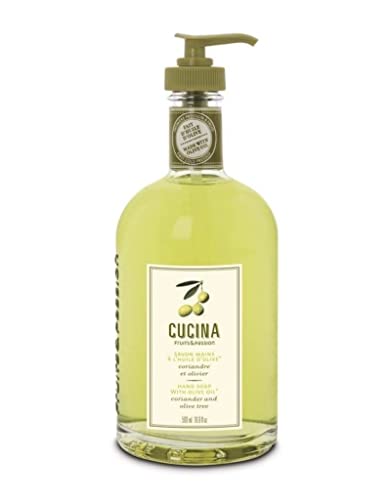 Cucina Fruits & Passion Kitchen Hand Soap Coriander & Olive Tree Refillable Glass Dispenser Vegan Liquid Hand Soap Moisturizing Formula 16.9 fl oz