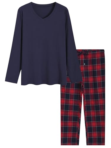 Latuza Men's Long Sleeve V-Neck Jersey Shirt Flannel Pants Pajama Lounge Set