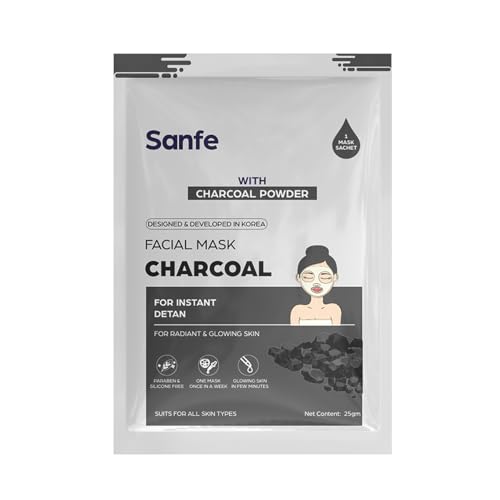 Image of Sanfe Instant Detan Charcoal Facial Mask | For radiant & glowin skin | 100% fruit extracts, Korean Mask | 1pc, 25gm | 100% fruit extracts, Korean Mask | 25gm | Pack of 1