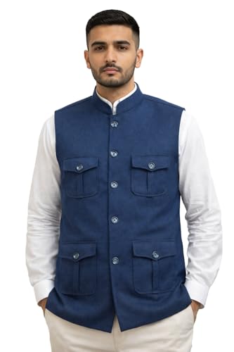 Image of LATEST CHIKAN Men's Nehru Jacket | Ethnic Waistcoat with Mandarin Collar | Premium Textured Fabric | Party, Wedding