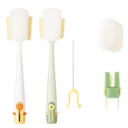 Qaestuan 2Pcs Juego de Cepillos 5 en 1 para Biberones, Cepillo Limpia Biberones con Mango Largo, Multifuncionales Cepillo de Limpieza, para Biberone de Cuello Estrecho, Biberone, Vasos y Copas de Vino