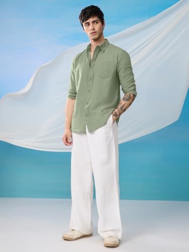 Image of The Souled Store Solids : Ecru Beige Men and Boys Collared Neck Long Sleeve Button Front Regular Fit Cotton Linen Shirt