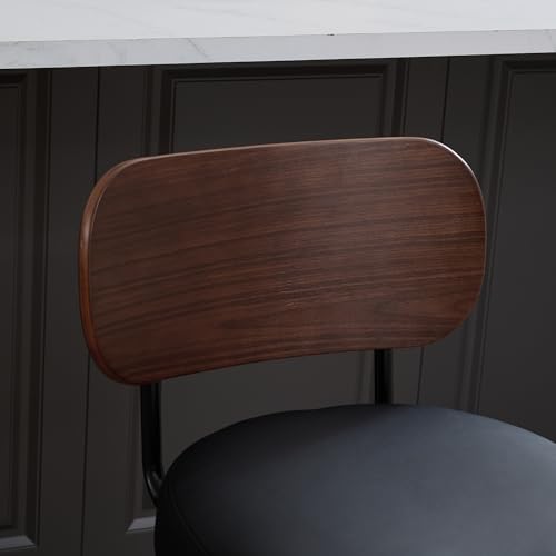 Image of YaFiti Swivel Bar Stools Set of 2, 26 inch Upholstered Faux Leather Counter Height Barstools with Walnut Back & Bentwood Legs, Mid Century Modern Bar Chairs Island Stools for Kitchen Counter, Black PU