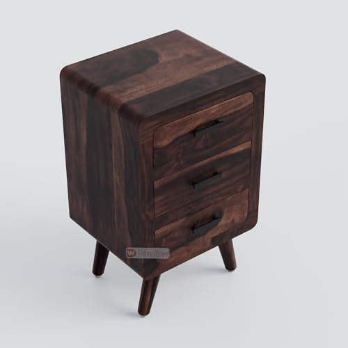 Image of DRIFFTINGWOOD Alicia Solid Sheesham Wood Handcrafted Bedside Table End Table or Nightstand with 3 Drawers, Lamp Table, Walnut Finish