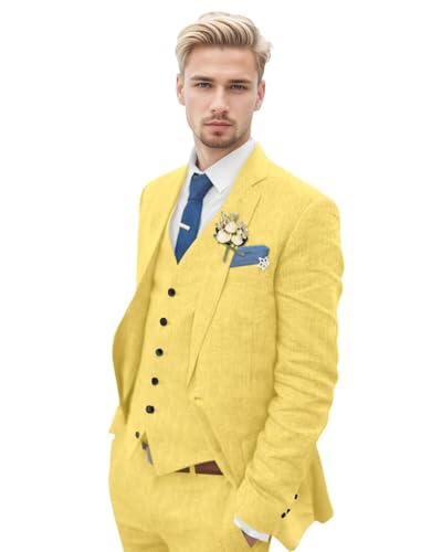 Linen Suits for Men 3 Piece Slim Fit Summer Mens Suit Casual Formal Business Wedding Prom Tuxedo Set