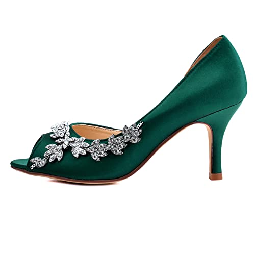 Image of ELEGANTPARK Peep Toe Heels for Women, Satin Rhinestones Dress Wedding Shoes | 3.5 Inch High Heel, Sparkly Pumps for Bride, Wedding Guest, Bridesmaid, Reception, Evening Party, Prom, Formal Event
