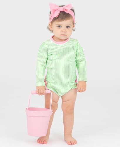 Image of RuffleButts Baby-Girls Seersucker Long Sleeve Rash Guard - One Piece Swimsuit UPF 50+ Toddler