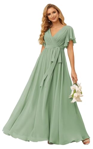 SEIM Women's Flutter Sleeve Bridesmaid Dresses Long V Neck Chiffon Formal Dresses with Pockets SE101