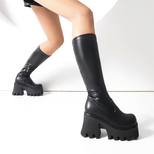 Mid Calf Platform Boots for Women Chunky Heel Round Toe High Heeled Knee Tall Boots4