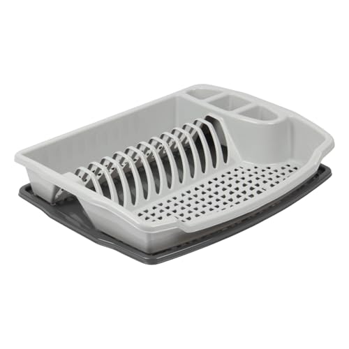 Jolie Max Plastic Dish Drainer Rack with Removable Drip Tray – Compact Kitchen Counter Rack with 3 Cutlery Holders, Holds Up to 12 Plates, (43 x 35 x 8 cm) (GREY)