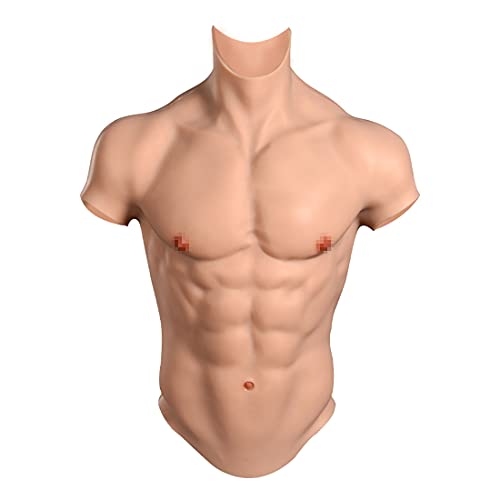 SUAISKR Realistic Silicone Muscle Outfit for Man, Fake Male Chest for Cosplay Halloween Props,Half Body Suit with Floating Point Design (Ivory, S)