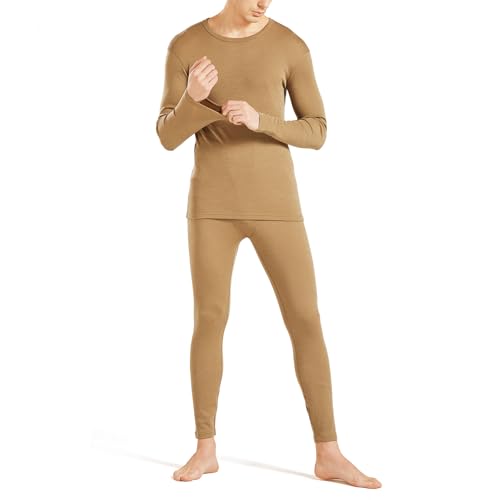 SHEEP RUN Men's 100% Merino Wool Thermal Midweight Base Layer Top and Bottom Underwear Long John Set (Sand, Small)