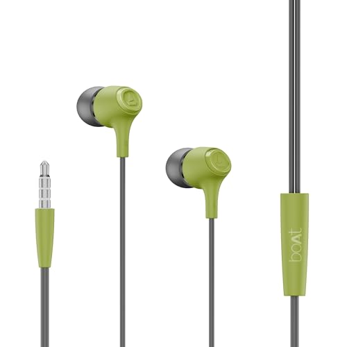 Boat Bassheads 95 Wired in Ear Phones,10Mm Drivers,Signature Sound,in-Line Microphone,Integrated Controls,Snug Fit,Lightweight,Voice Assistant,120Cm Cable & 3.5mm Jack (Spirit Lime)