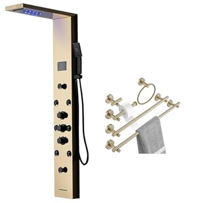 BATHLAVISH LED Gold Shower Tower 304 Stainless Steel 4 In 1 Shower Panels System with Rainfall Shower Bundle with Gold Bathroom Hardware Set 5 Pieces 24" Towel Bar Holder Set