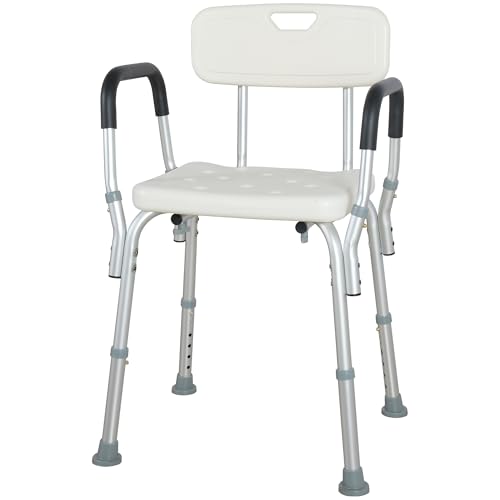 White Shower Bench with Adjustable Design, Padded Arms and Back, Non-Slip Seat, 150kg(330lb) Capacity - Ideal Shower Chair for Elderly, Disabled, and Adults