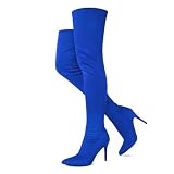 Jiu du Women's Thigh High Blue Over The Knee Boots 3.94IN Party Dance Sexy Pointed Toe Suede Stiletto Long Fall Winter Boots