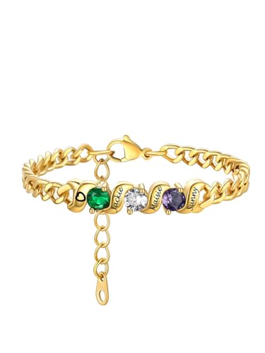 Custom4U Personalized Birthstone Bracelets for Women Silver/Gold Custom Cuban Link Chain Name Bracelet with 1-5 Birthstones Birthday Mother's Day Christmas Jewelry Gifts for Her Mom Wife Grandma