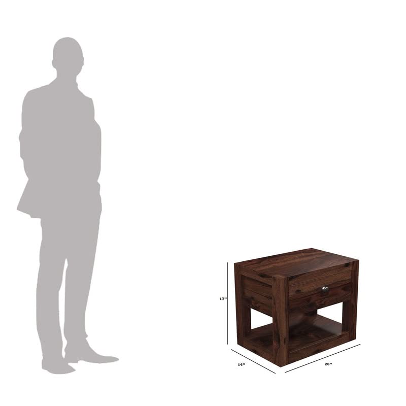 Image of Solid Wood Sheesham End Table with 1 Drawer and 1 Open Shelf Modern Design - Walnut Finish