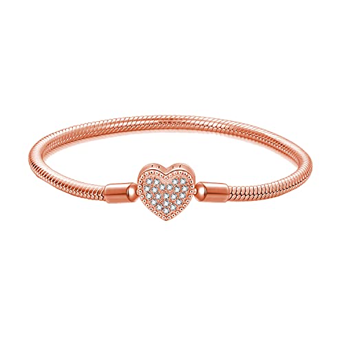 LONAGO Snake Bracelet for Pandora Charms Sterling Silver Yellow Gold Jewelry Moments Snake Chain Bracelet Fit Any Charm Gift for Women Girl (rose gold, 8 inches)