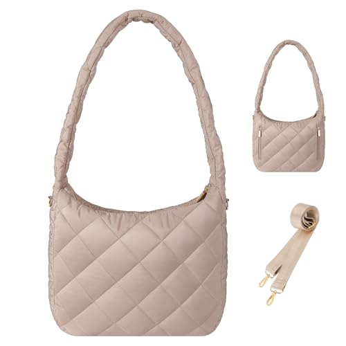 Image of MoKo Puffer Tote Bag with Detachable Strap Small Puffy Crossbody Shoulder Bag, Lightweight Soft Quilted Padding Hobo Bag with Multiple Pockets up to 11inch iPad /Tablets, Coffee
