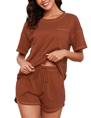 Image of KCW Pajamas for Women Set 2 Piece 100% Cotton Lounge Sets Short Sleeve Top and Shorts Pj Set Sleepwear Outfits