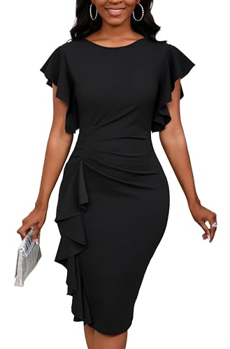 Church Dresses for Women 3/4 Sleeve Bodycon Ruffle Vintage Work Midi Pencil Dress, 5441-3Black, X-Groß