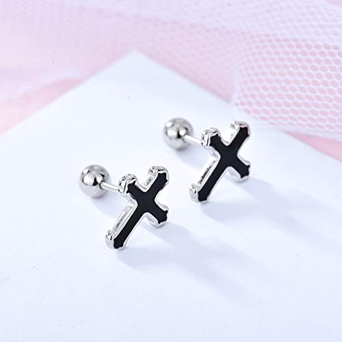 Black Cross Stud Earrings S925 Sterling Silver for Women Men Minimalist Punk Cartilage Small Helix Screw Back Tragus Piercing Ear Studs 20G Hypoallergenic Fashion Jewelry for Halloween Party3