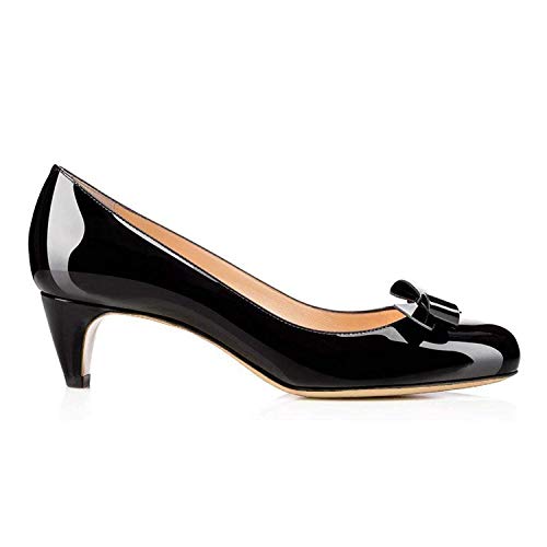 LEHOOR Women Round Toe Mid Kitten Heel Pumps Slip On Bowtie Patent Leather Closed Toe Sandals Fashion Comfort Bridal Dress Shoes Size 4-11 M US2