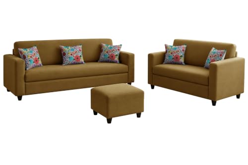 Image of Rosebell 3+2 Fabric Sofa Set with Ottoman | Premium Upholstery 5-Seater Sofa | with Printed Cushions | Living Room Furniture |Golden-Color