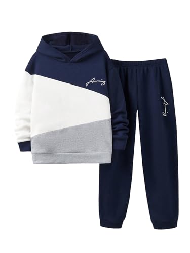 SweatyRocks Boy's Two Piece Outfits Color Block Graphic Hoodie and Joggers Clothing Sets