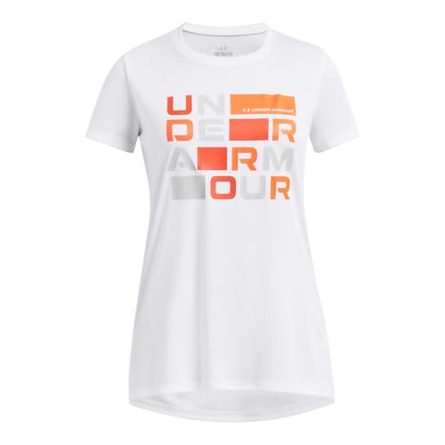Under Armour Girls' Tech Block Logo Short Sleeve T Shirt, 100 White, YLG