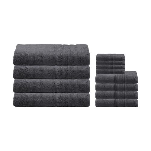 Mosobam 700 Gsm Luxury Bamboo Viscose 12Pc Extra Large Bathroom Set, Charcoal Grey, 4 Bath Towels Sheets 35X70 4 Hand Towels 16X30 4 Face Washcloths 13X13, Turkish Towel Sets, Quick Dry, Dark Gray #TOP12