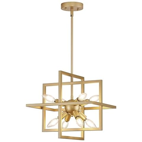 Goomavi Small Modern Lantern Chandeliers,Geometric Gold Pendant Light Fixture,8-Light Industrial Hanging Chandelier for Dining Room, Living Room,Kitchen, Bedroom, Foyer, Hallway, UL Listed Cover
