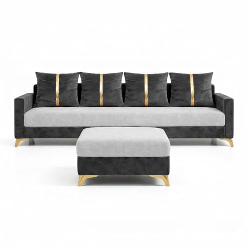 Image of Caviar 5 Seater L Shape Sofa Set with Movable Ottoman | Flexible Layout | Luxury Velvet Suede Fabric | Modern Living Room Sofa | Dark Grey-Light Grey