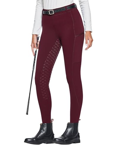 FitsT4 Sports Women's Winter Horse Riding Pants with Zipper Pockets Full Seat Riding Tights Fleece Lined Equestrian Breeches for Women Burgundy L