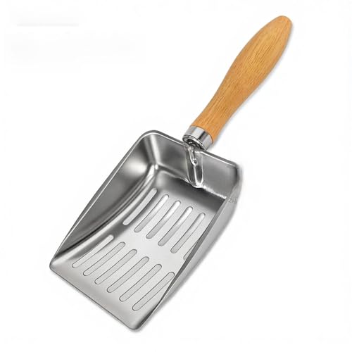 Genérico Pala Arenero Gato Acero Inoxidable con Mango de Madera – Pala Metálica Grande y Resistente para Arena Aglomerante y Fina – Fácil de Limpiar y Duradera