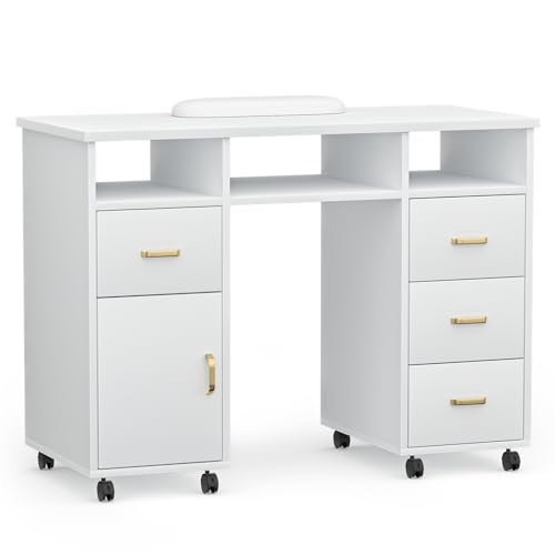 White Rolling Manicure Table Nail Station Nail Tech Desk with Drawers and Storage Cabinet, Movable...