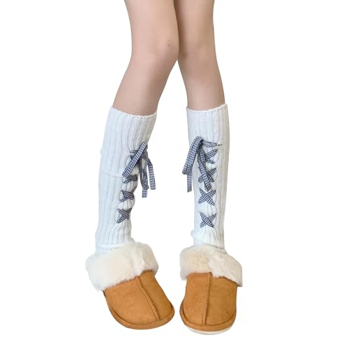 Image of Triplewood Y2K Warm Long Leg Warmers for Women White Knitted Girls Leg Warmer Socks Winter Accessory