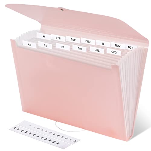 Expanding File Folder, 13 Pockets Accordion File Organizer, Large Capacity File Organizer for Letter Size / A4 Paper Pink