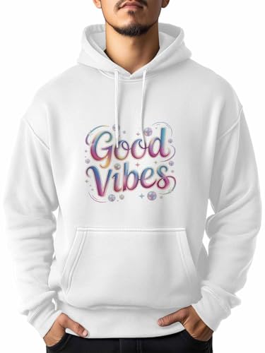 Good Vibes Color Gradients Hoodie for Men, Teal Pink Blue Letter Mens Hoodies Pullover Sweatshirts Mens Tops with Pocket