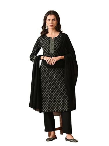 Image of Amazon Brand - Tavasya Womens Ethnic Motifs Printed Regular Pure Cotton Kurta with Trousers & Dupatta | Kurta Set | Salwar Suit | Ethnic Wear