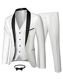 MY'S Mens 3 Piece Tuxedo Set with Bow Tie, Shawl Lapel One Button Jacket Vest & Pants, Slim Fit Suit Prom Party Wedding Tux, White
