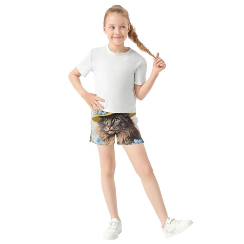 Girls Athletic Lounge Shorts Cute Kitten Hat Spring Floral Print Comfy Youth Pajama Sleepwear, X-Small2