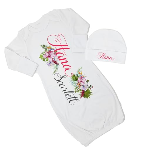 New Baby Girl's Printed Hibiscus Floral Personalized Infant Gown with Hot Pink and Grey Coming Home Outfit