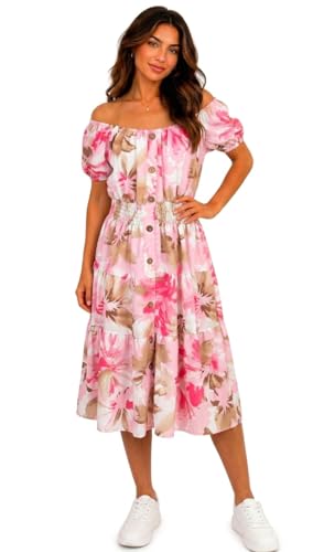 Image of Women's Off Shoulder Midi Dress Summer Smocked Waist Button Front Tiered Swing Dress Short Puff Sleeve Casual Holiday Dress One Size (UK, Numeric, 12, 30, Regular, Regular, Pink Brown Flower)