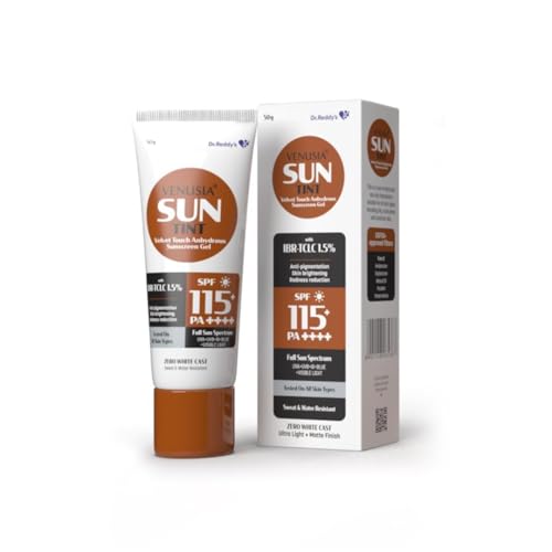 Image of Venussia Sun Tint Sunscreen Gel, SPF 115 PA++++, IBR TCLC 15%, Full Spectrum Protection, Matte Finish, Zero White Cast, All Skin Types, 50g